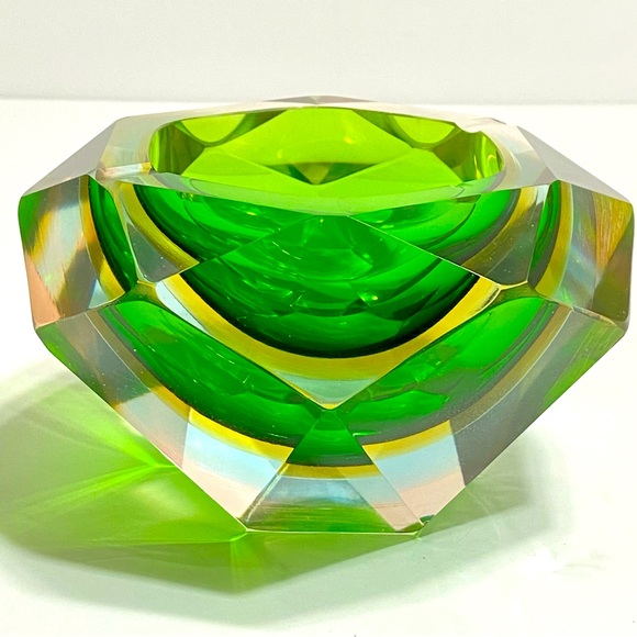 Other - Vintage Murano Green/Amber Sommerso Faceted Diamond Shaped Ashtray/Bowl - 1950s
